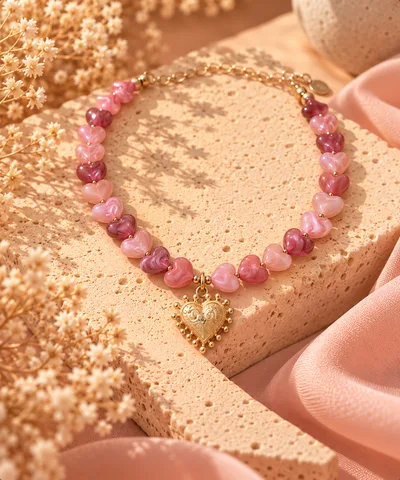 COLLAR CUARZOS ROSADOS CORAZONES DORADOS