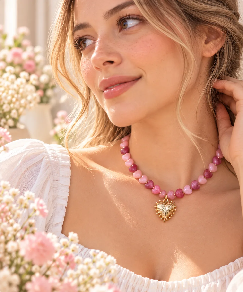 COLLAR CUARZOS ROSADOS CORAZONES DORADOS