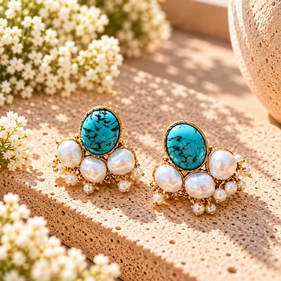 PENDIENTES PERLAS COLGANTES, BLANCO/TURQUESA